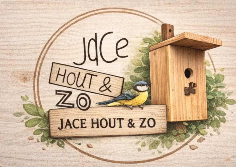 Logo van Jace Hout & Zo: een vogelhuisje met een koolmees